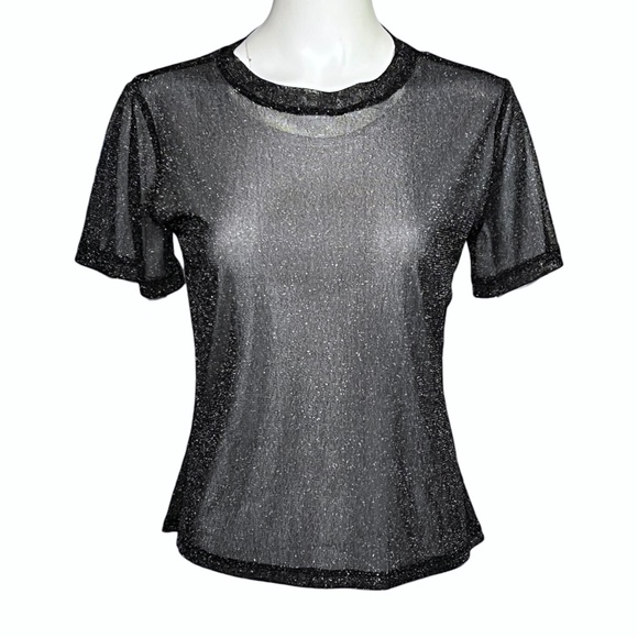 Jonathan Simkhai Standard Shirt Black Silver Metallic Mesh Tee Womens Size Small - Picture 1 of 11